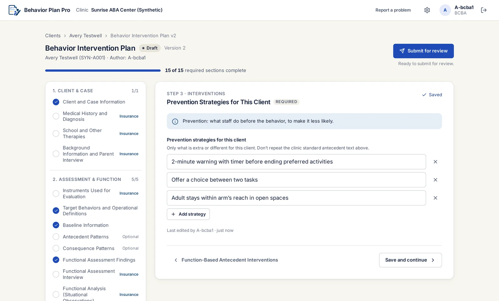 The plan builder, showing the Prevention Strategies for This Client section in Step 3 and a progress bar with 15 of 15 required sections complete.